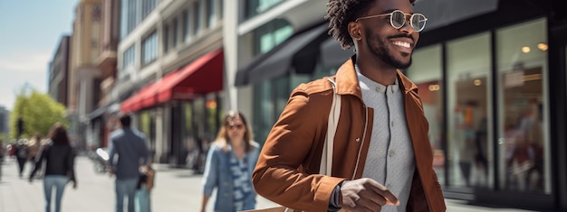 Un homme heureux marche dans la rue avec des sacs en faisant du shopping.