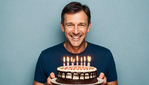 Un homme heureux montrant un gâteau d'anniversaire avec des bougies colorées dans le studio