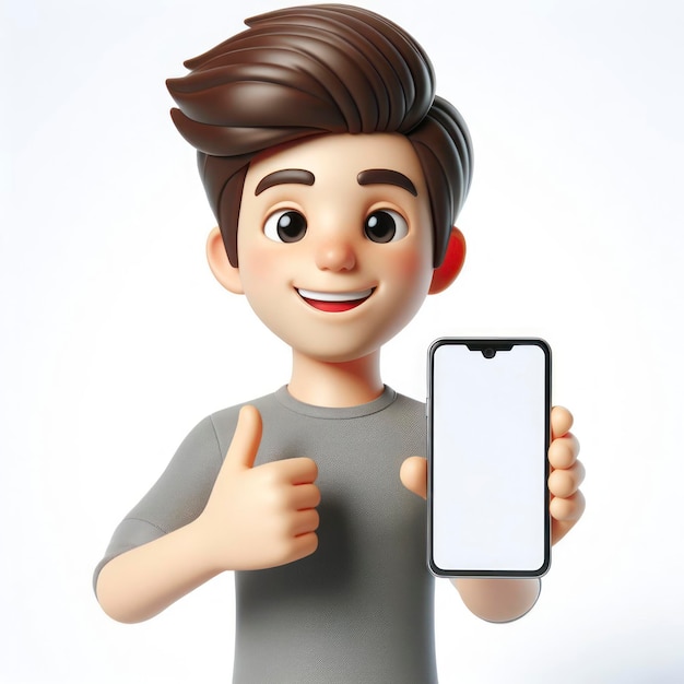 Homme heureux montrant le pouce vers le haut personnage de dessin animé de style 3D tenant un smartphone sur un fond blanc solide ai génératif