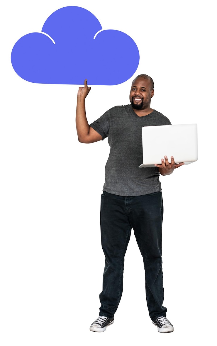 Photo homme heureux avec un ordinateur portable et un fond transparent en nuage