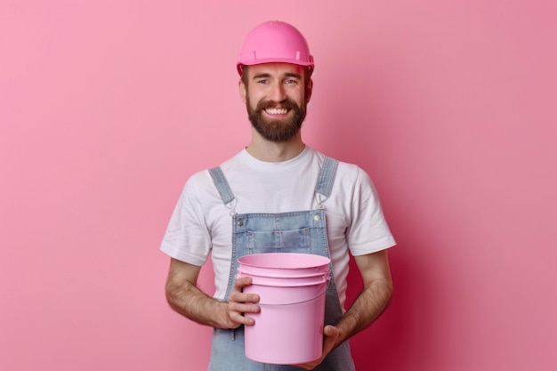 Photo l'homme heureux peintre constructeur sourire et tenir un seau arrière-plan de studio de couleur