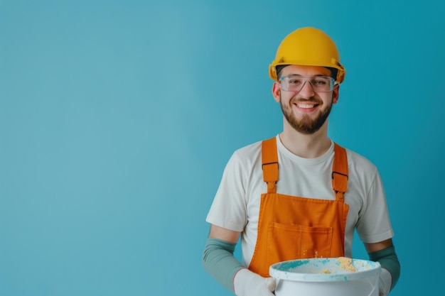 L'homme heureux peintre constructeur sourire et tenir un seau arrière-plan de studio de couleur