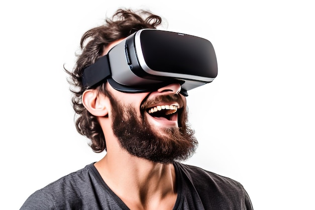 un homme heureux portant un casque de réalité virtuelle sur fond blanc