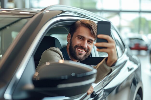 Un homme heureux prenant un selfie avec son smartphone après avoir acheté une nouvelle voiture.