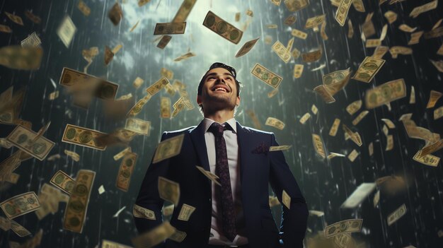 Photo un homme heureux et prospère se tient sous la pluie d'argent.