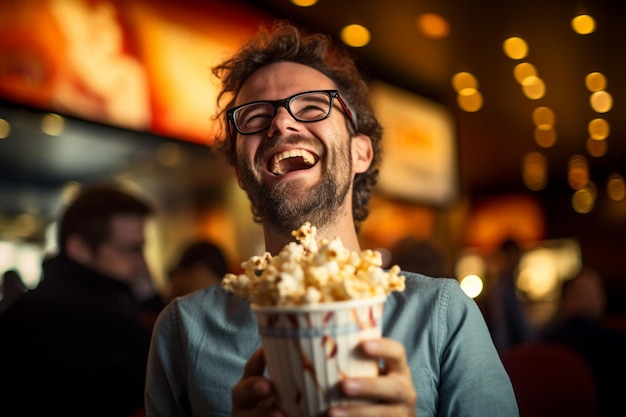 Photo homme heureux avec un seau de pop-corn à la fête le soir