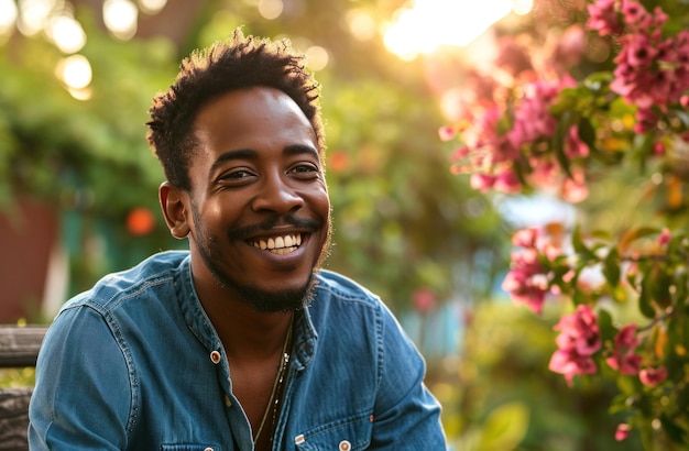 homme heureux souriant dans une chemise bleue à l'extérieur tout en faisant la fête