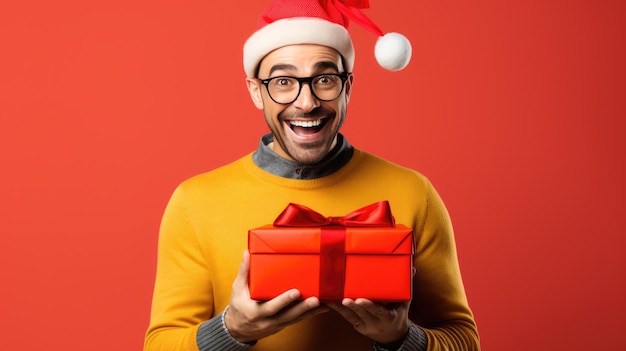 Un homme heureux souriant tenant une boîte à cadeaux sur un fond coloré