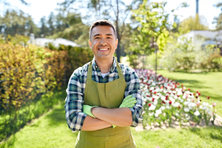 Photo homme heureux en tablier au jardin d'été