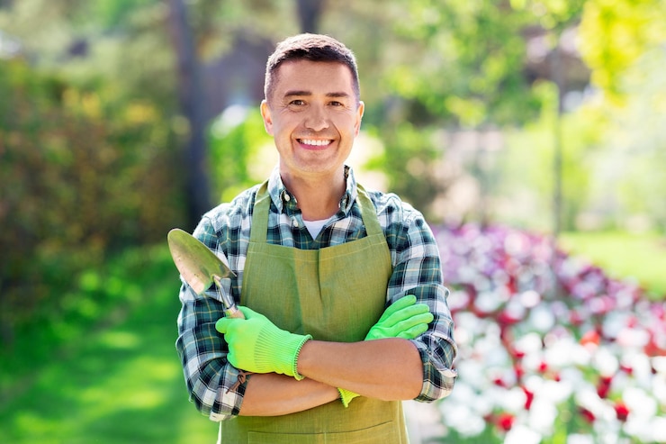 Photo homme heureux en tablier avec une cuillère au jardin d'été