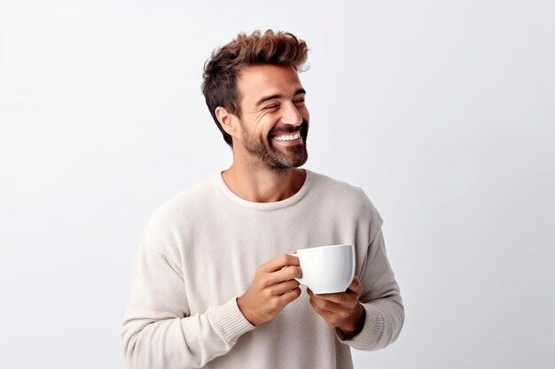 Un homme heureux avec une tasse de café sur un fond blanc