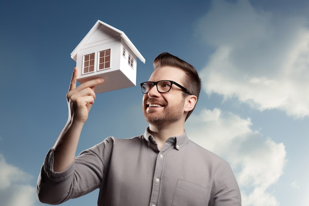 Homme heureux tenant une maison gars joyeux en tant que nouveau propriétaire génère ai