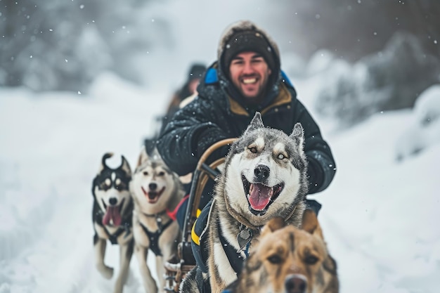 Un homme heureux en traîneau de chiens