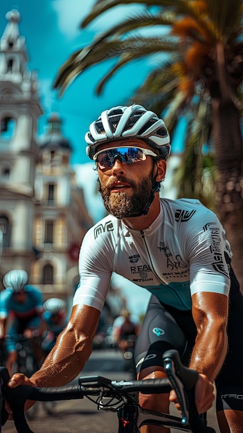 Un homme heureux sur un vélo portant des lunettes