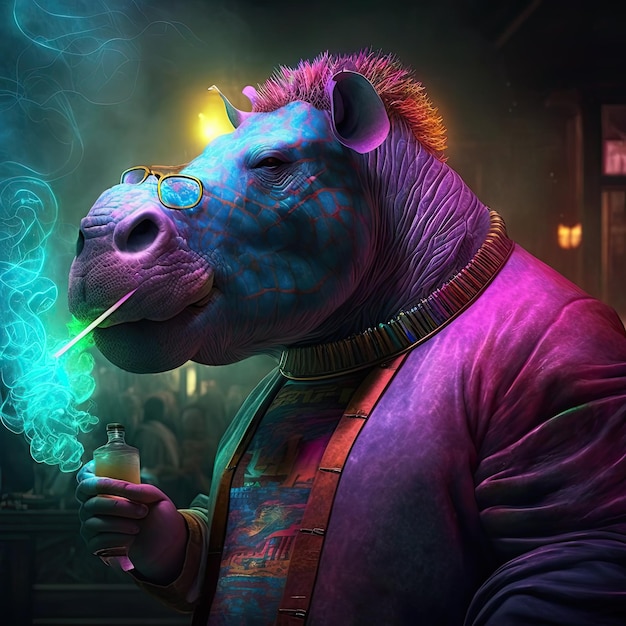 Homme hippopotame en discothèque avec des lumières de différentes couleurs