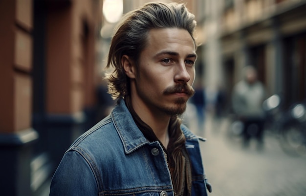 Un homme hipster avec une barbe dans une veste en jean dans la grande ville AI généré