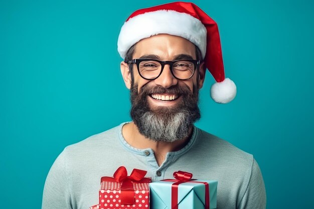 L'homme hipster branché et mignon est prêt pour les chapeaux de Noël de fête de Noël