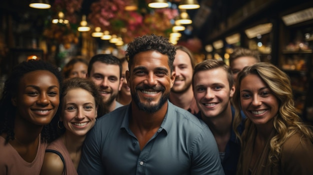 homme hispanique debout devant ses amis multiraciaux dans un restaurant IA générative