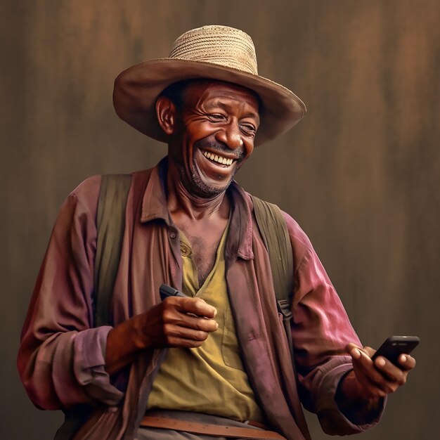 Photo un homme hispanique portant un chapeau sourit et tient un téléphone