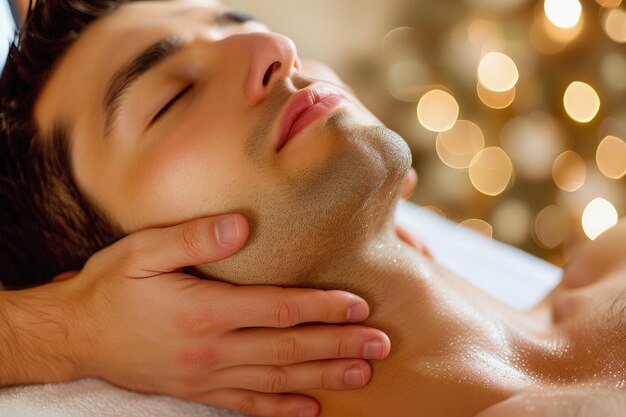 Un homme hispanique profitant d'un massage facial relaxant dans un spa