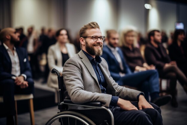 Homme homme d'affaires caucasien mobilité entreprise équipe d'affaires handicap assis chaise professionnelle style de vie urbain fauteuil roulant