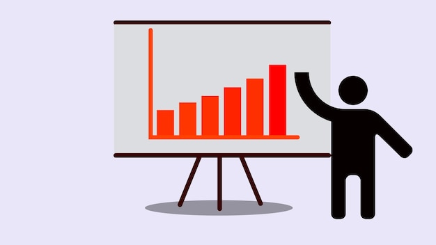 Homme avec une icône de graphique sur un tableau de présentation à fond blanc