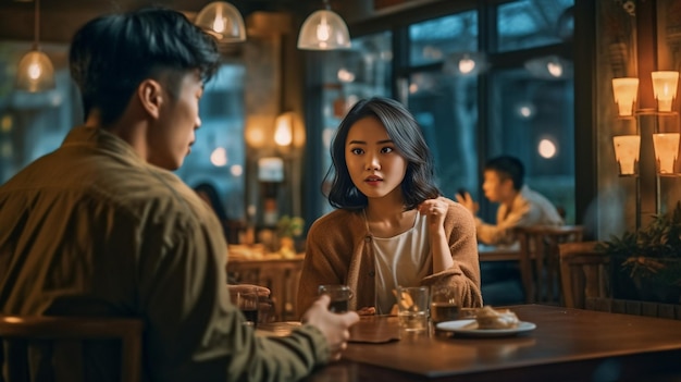 Homme ignorant sa petite amie dans un restaurant avec jardin Generative AI
