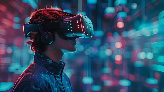 L'homme immergé dans le monde de la réalité virtuelle explore de nouvelles expériences dans le métavers Concept Métavers Exploration Réalité virtuelle Expériences immersives Tech Innovation Aventures numériques
