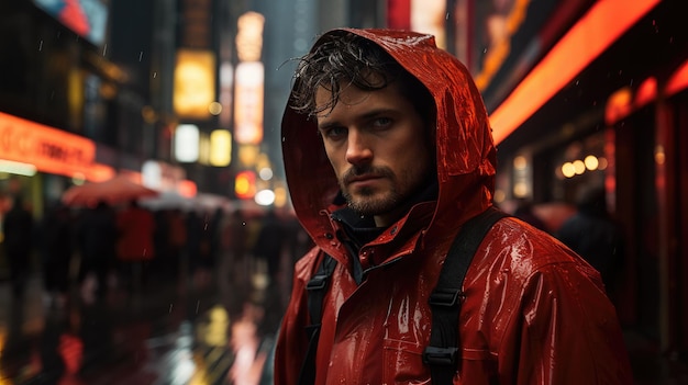 Un homme en imperméable rouge