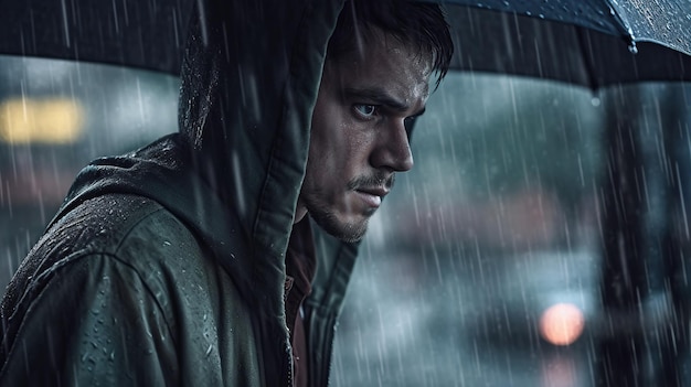 Un homme en imperméable se tient sous la pluie devant un parapluie bleu.