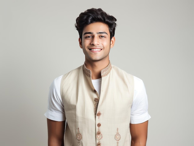 Homme indien contemporain respirant la confiance avec un sourire radieux et une attitude posée dans la mode