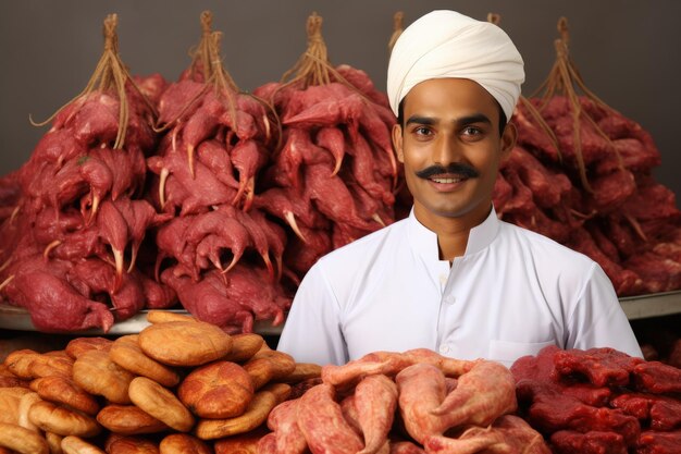 Un homme indien debout devant une grande pile de viande et de pain.