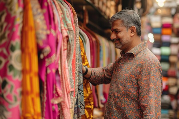 Un homme indien fait ses courses dans le magasin de vêtements indiens. Arrière-plan de style bokeh.