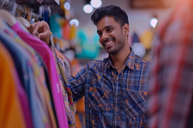 Un homme indien fait ses courses dans le magasin de vêtements indiens. Arrière-plan de style bokeh.