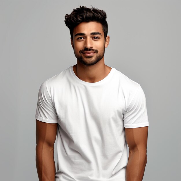 un homme indien en forme dans un T-shirt blanc sur fond blanc