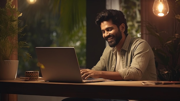 Un homme indien heureux avec un ordinateur portable travaillant au bureau à domicile