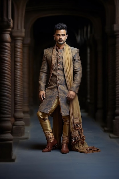Un homme indien, un mannequin de mode en tenue traditionnelle ou en pyjama kurta, un sherwani posant pour une photo