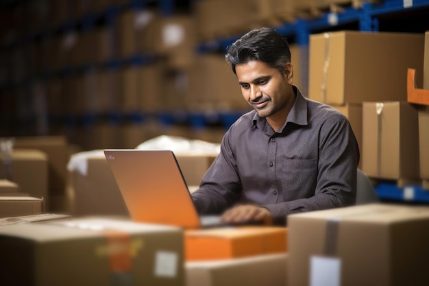 Homme indien travaillant dans un bureau d'expédition en tenant des registres des boîtes d'emballage dans l'entrepôt