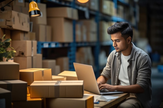 Homme indien travaillant dans un bureau d'expédition en tenant des registres des boîtes d'emballage dans l'entrepôt