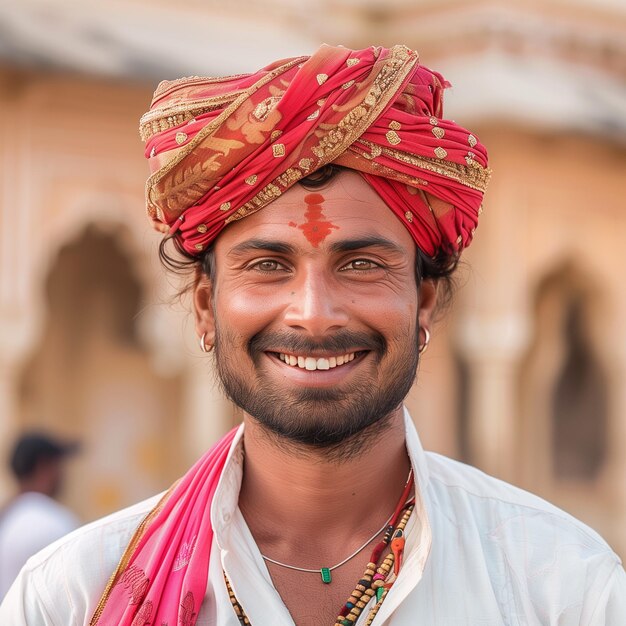 un homme indien avec un turban rouge et doré sur la tête