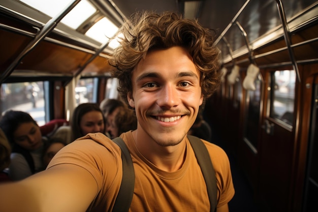 Un homme influenceur faisant un selfie dans un bus