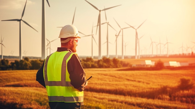 Homme ingénieur travaillant dans une usine d'énergie éolienne renouvelable Generative AI