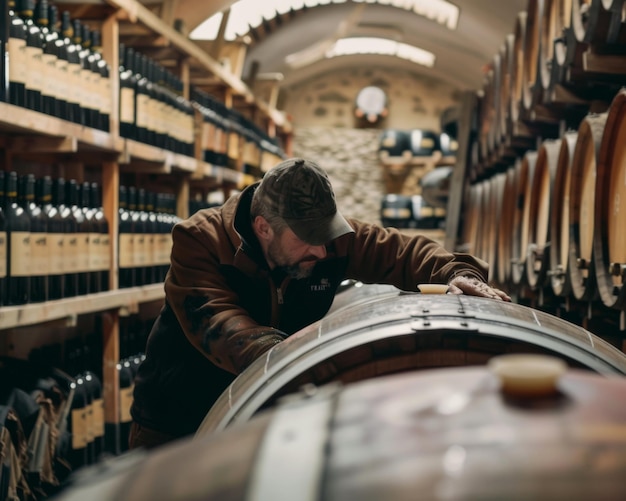 Un homme inspecte un baril dans une cave à vin