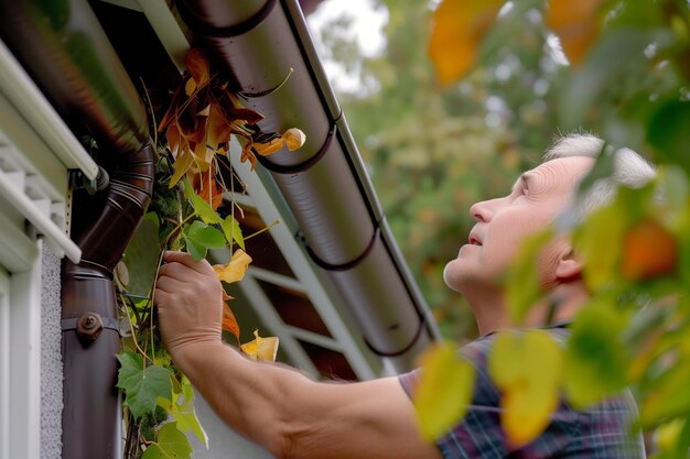 Photo un homme inspecte un tuyau d'eau bouché avec des feuilles