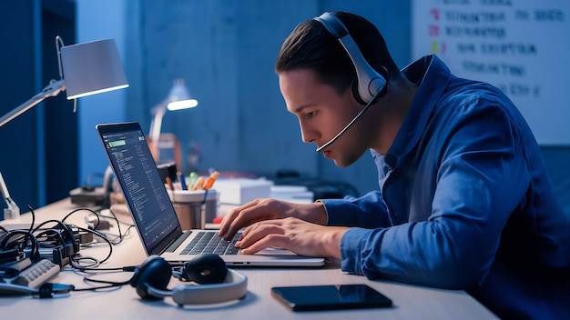 Homme installant configurant les paramètres du système à l'ordinateur portable réparation du concept de support technique sysa