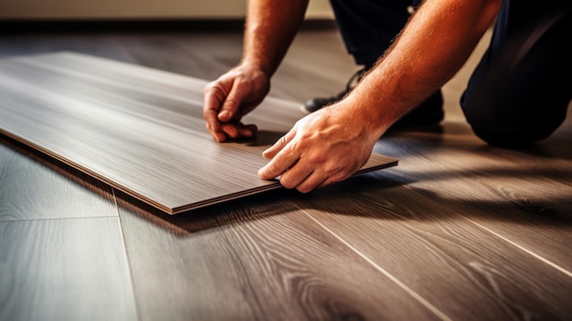 Homme installant un plancher en stratifié