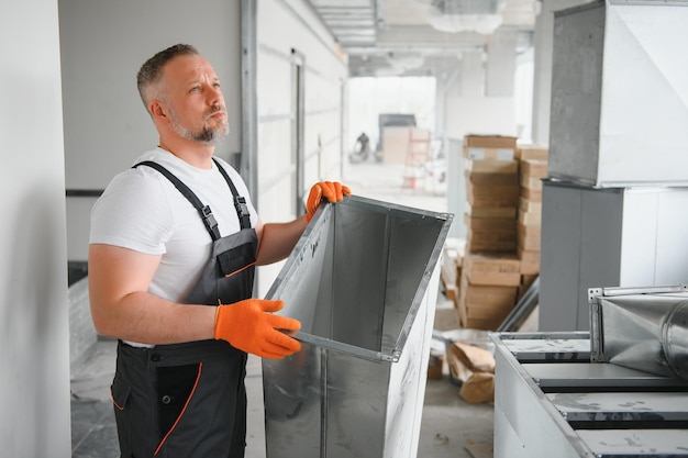 Un homme installe un système de ventilation à l'intérieur Un travailleur masculin installe des tuyaux de ventilation dans un nouvel immeuble de bureaux