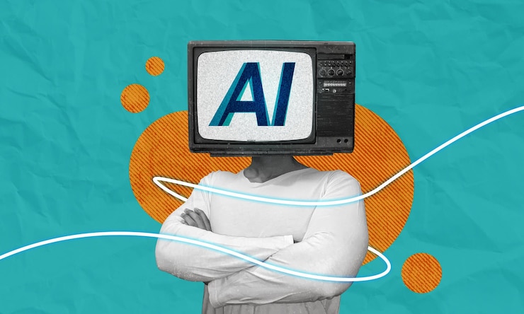 Photo l'homme avec l'intelligence artificielle tête de télévision collage d'art concept d'intelligence artificielle pensant comme une ia