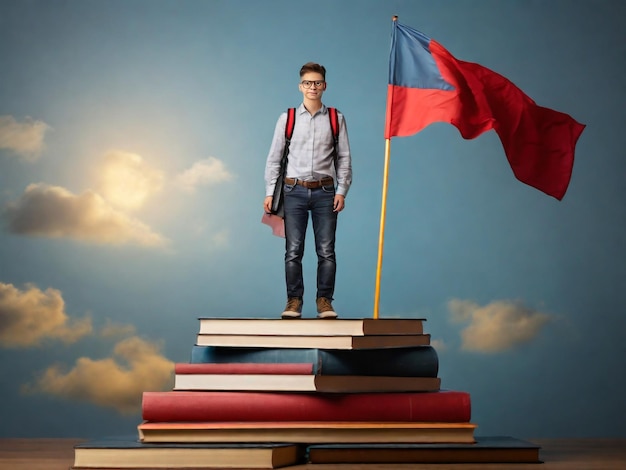 Homme intelligent étudiant debout sur des livres empilés avec un drapeau auto-apprentissage amélioration personnelle connaissances obtention de réalisations éducatives