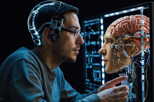 Photo un homme avec une interface cerveau-ordinateur effectue des recherches